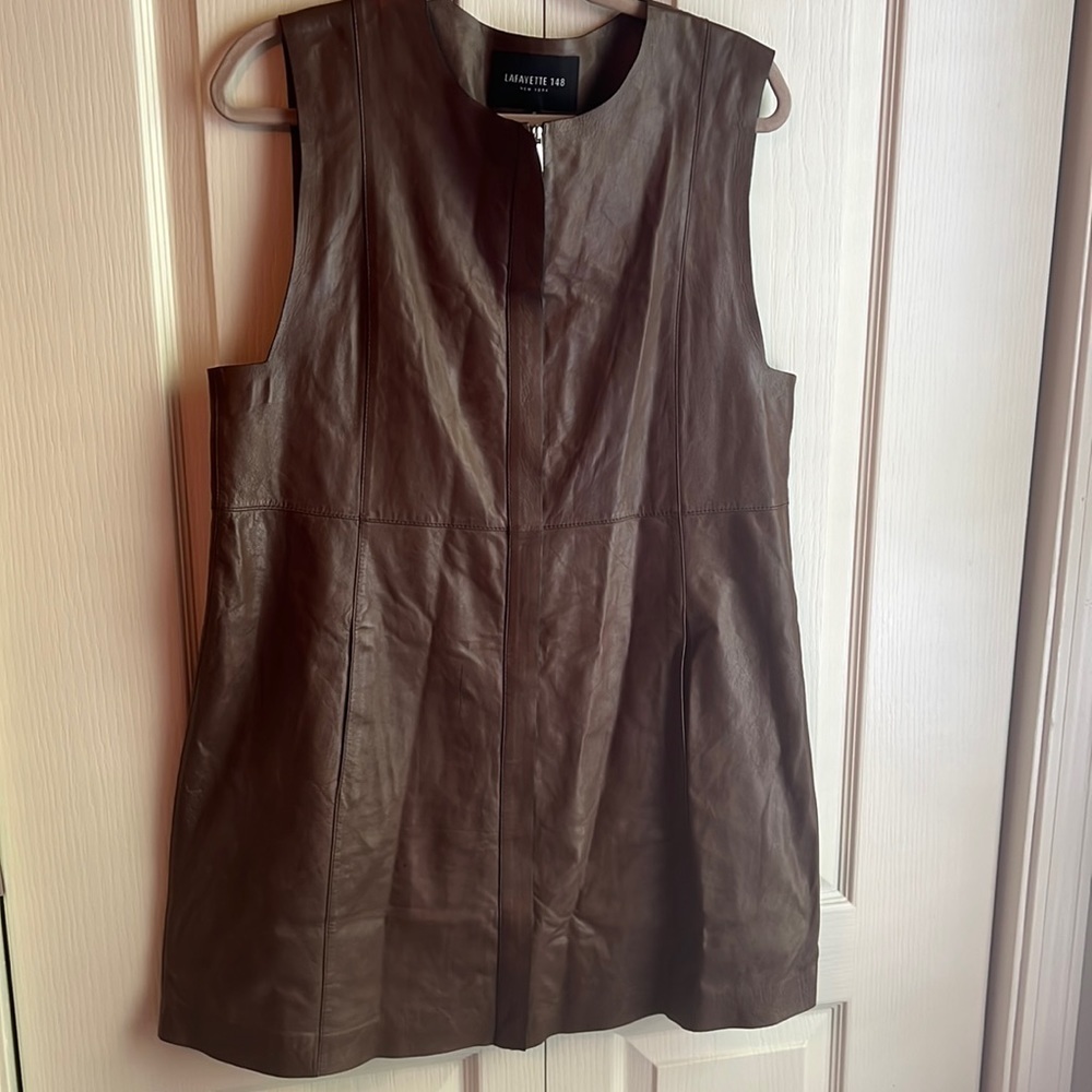 Designer Lafayette 148 New York Brown High Quality Leather Mini Dress